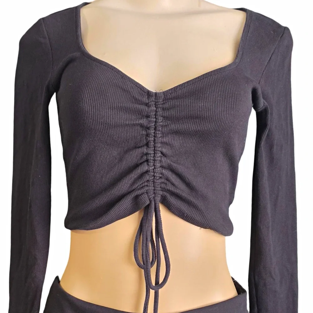 ZARA Black Ribbed Ruched Drawstring Crop Top Long Sleeve Women's Size M Coquette